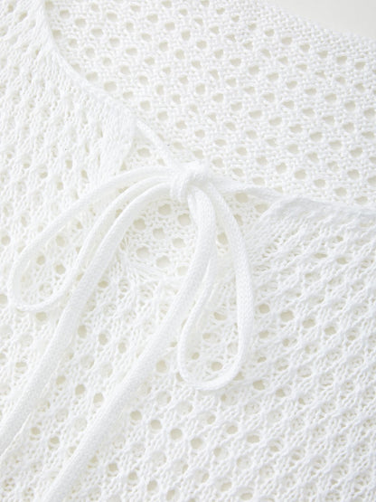 Tie Front White Open Knit Top