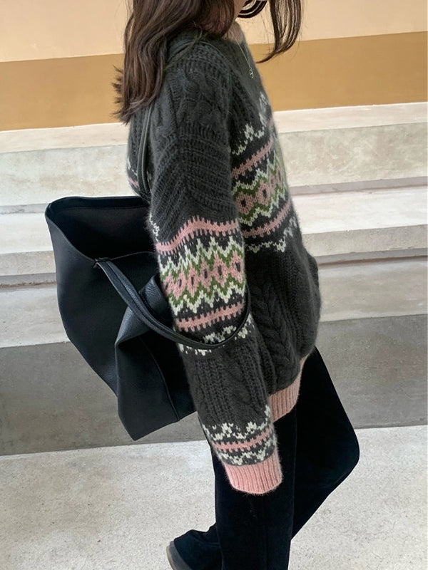 Vintage Jacquard Cable Knit Pullover Sweater