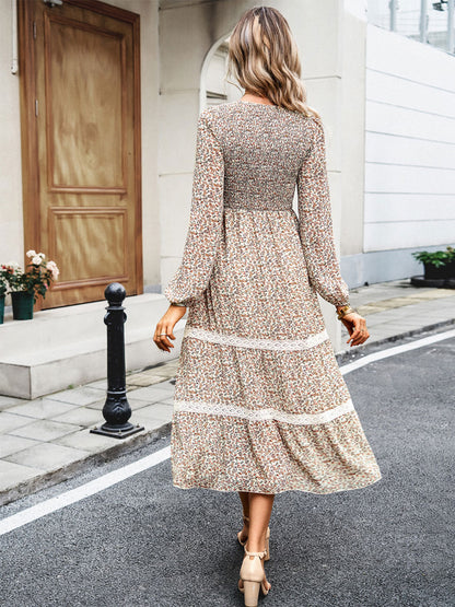 Floral Dress Layered Jewel Neck Long Sleeves Fall Midi Dress