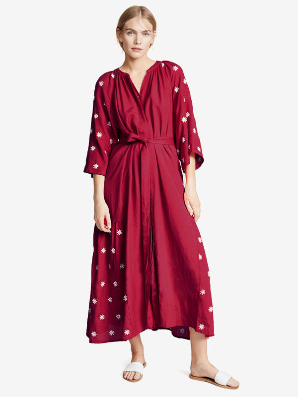 Boho Dress Burgundy V-Neck 3/4 Length Sleeves Embroidered Bohemian Gypsy Belted Beach Vacation Spring Summer Midi Dress For Women