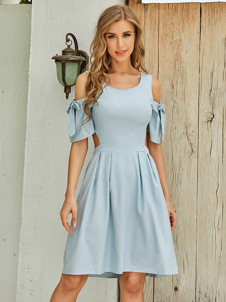 Summer Dress Midi Dress Blue Jewel Neck Bows Polyester Beach Dress