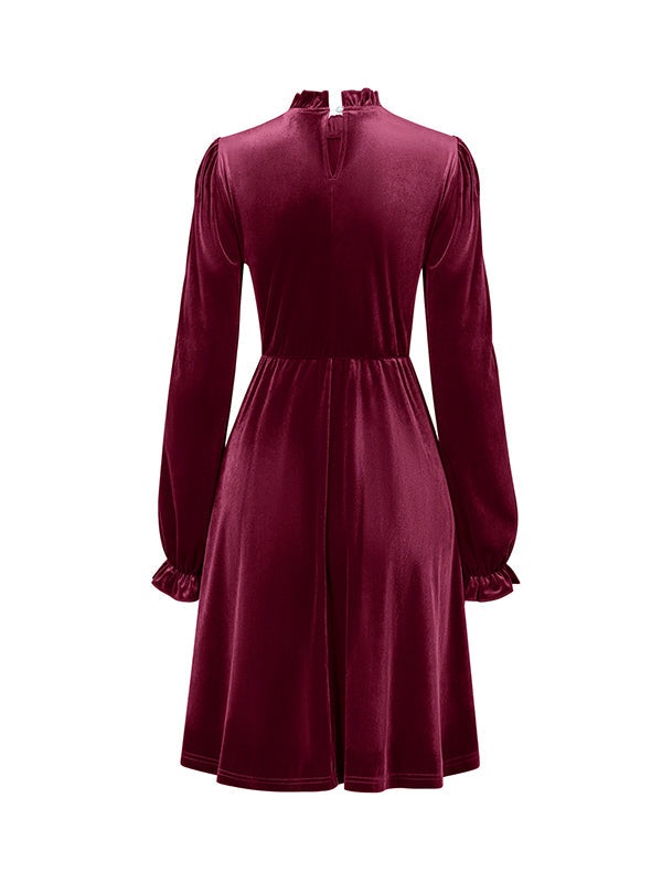 A-Line High Waisted Hollow Ruffled Solid Color Velvet Mock Neck Mini Dresses