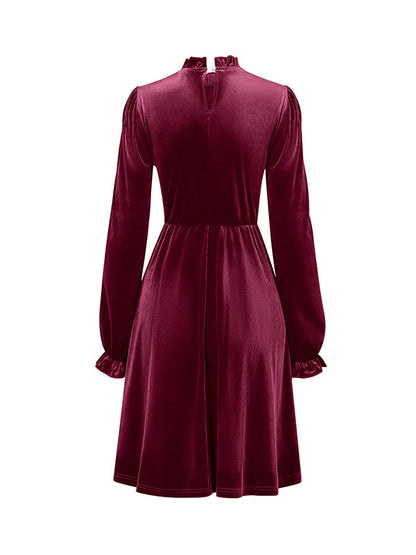 A-Line High Waisted Hollow Ruffled Solid Color Velvet Mock Neck Mini Dresses