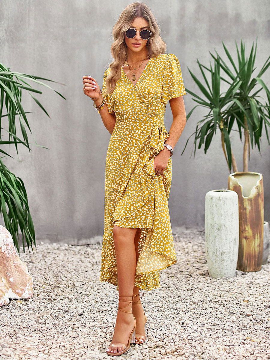 Floral Print Casual V-Neck Short Sleeves Midi Dress