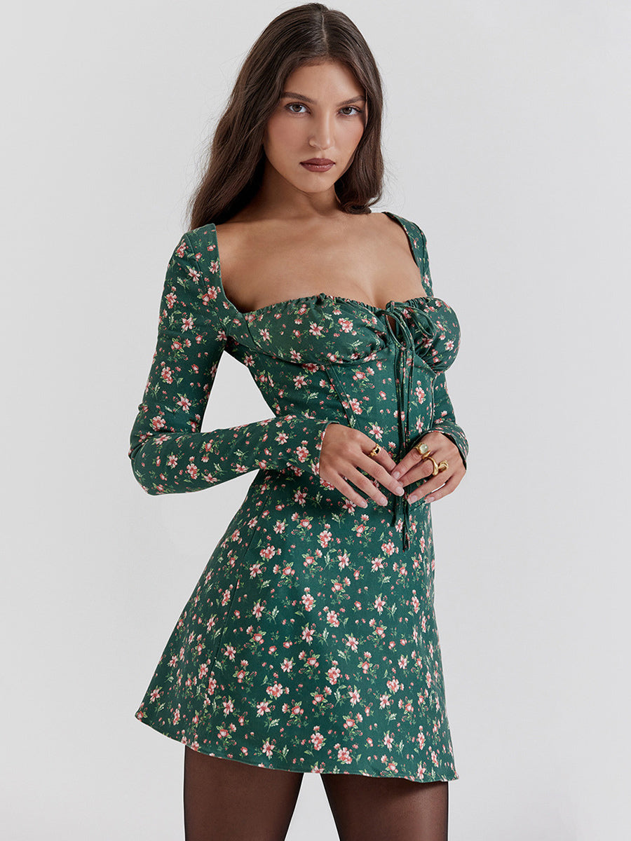 Sweet Sheath Dress Mini Floral Square Neck Long Sleeves Lace-up Mini Dresses