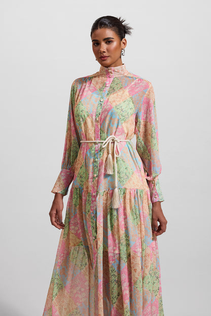 Floral Lantern Sleeve Stand Collar Midi Dress