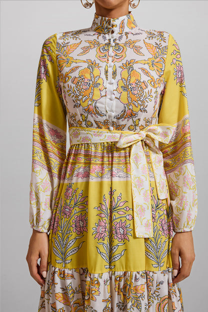 Floral Lantern Sleeve Bottom Midi Dress With Belt