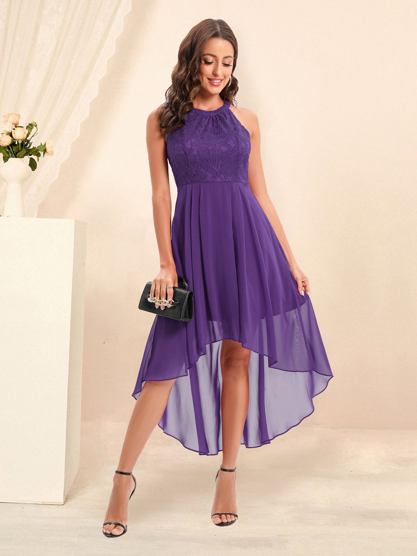 Irregular Dress Chiffon Skirt Lace Bodice High Low Sleeveless Midi Dresses