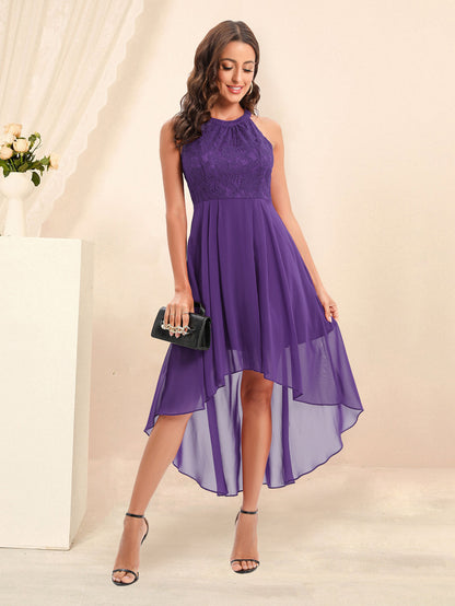 Irregular Dress Chiffon Skirt Lace Bodice High Low Sleeveless Midi Dresses
