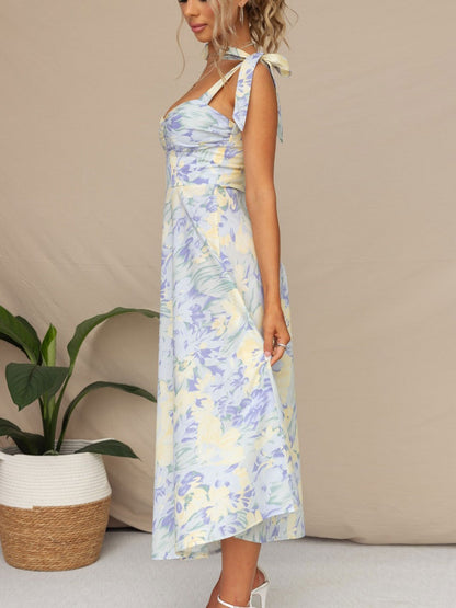 Print Midi Dress Floral Sleeveless Sweetheart Neck Casual Lace Up Backless Summer Dresses