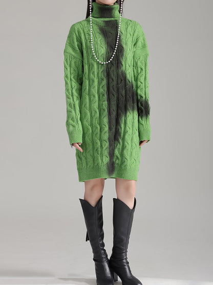 Long Sleeves Loose Contrast Color High Neck Mini Dresses Sweater Dresses