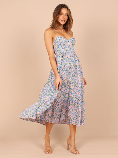 Floral Print Lace Up Backless Bohemian Straps Neck Midi Dress