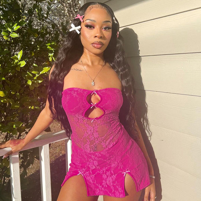 Sexy Lace Patchwork Cut Out Mini Dress Women Stunning Wrapped Backless Slit Bodycon Sundress 2024 Summer Nightclub Wear