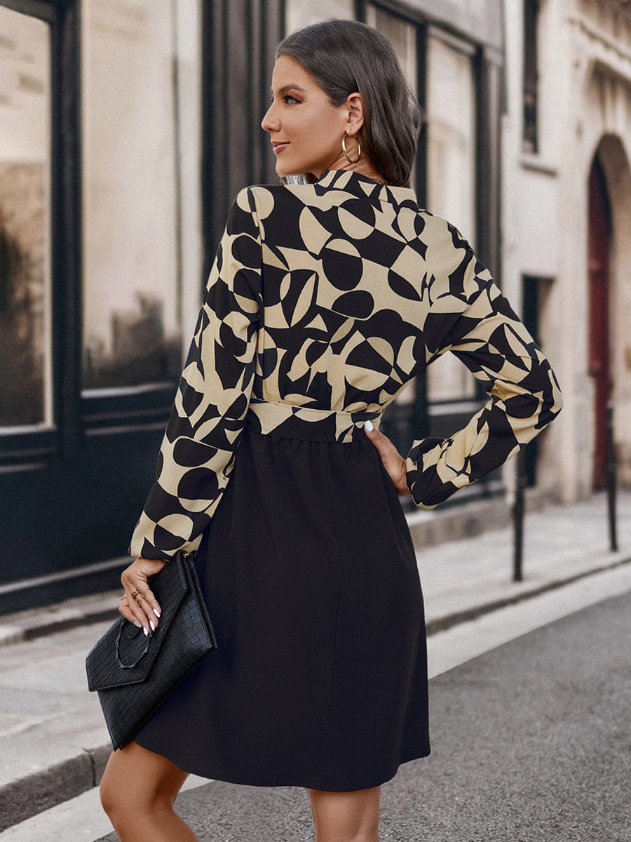 Flared Dresses V-Neck Long Sleeves V-Neck Belted Printed Mini Dress
