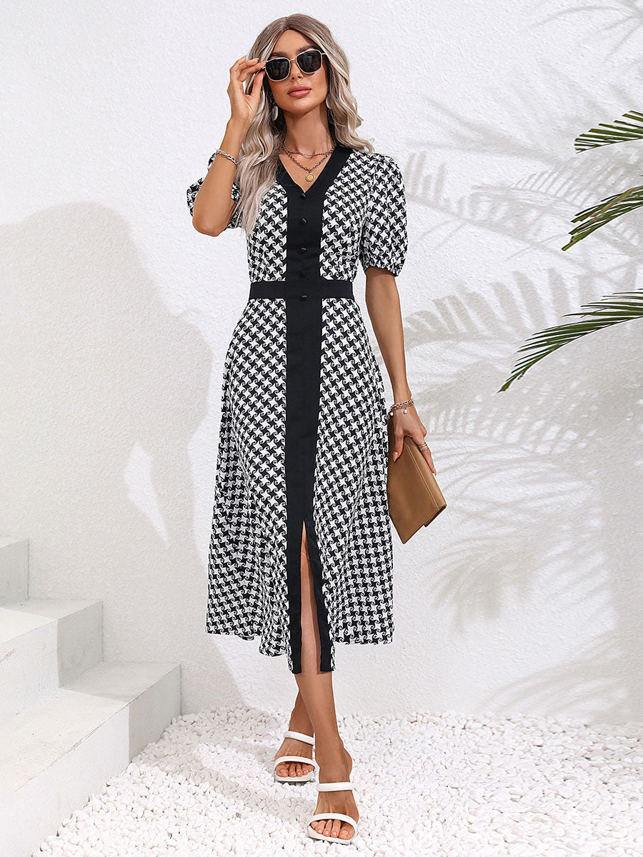 Summer Midi Dress Black V-Neck Split Front Geometric Beach Dress