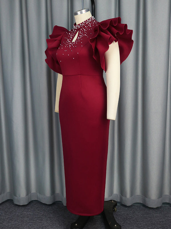 Solid Color Tied Waist Beaded High-Waisted  Bodycon Midi Dresses