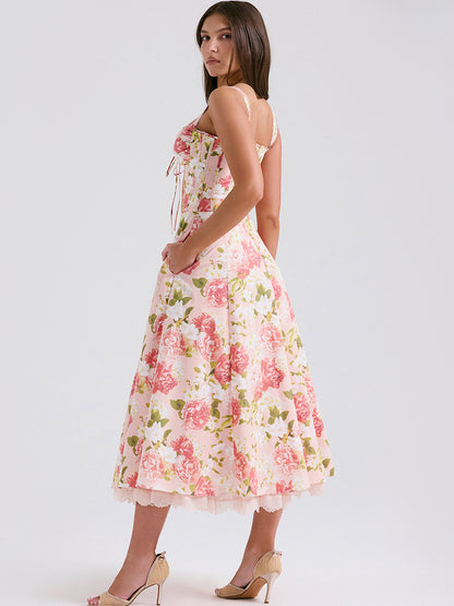 Corset Dress Floral Wide Strap Backless Trendy Brunch Party Midi Dresses