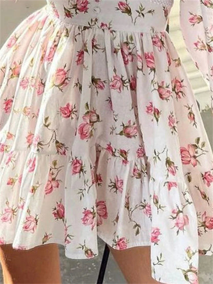 Floral Lantern-Sleeve Mini Dress