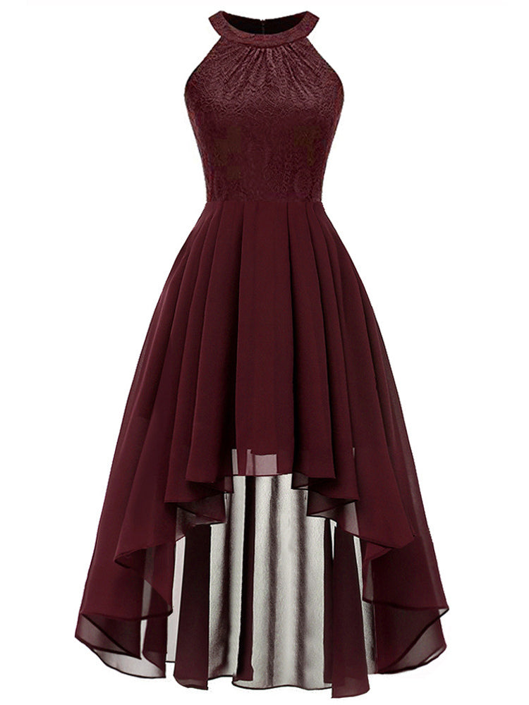 Irregular Dress Chiffon Skirt Lace Bodice High Low Sleeveless Midi Dresses