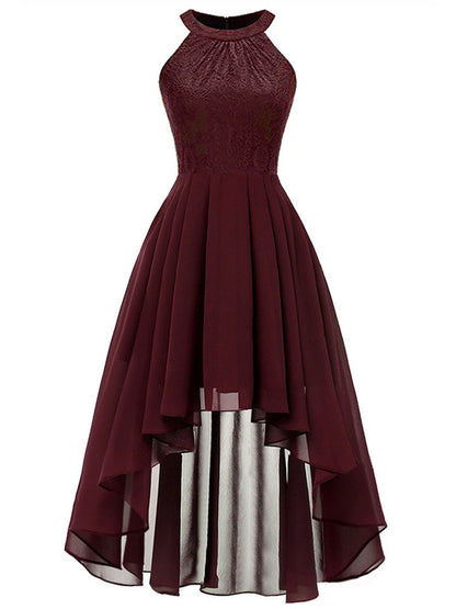Irregular Dress Chiffon Skirt Lace Bodice High Low Sleeveless Midi Dresses