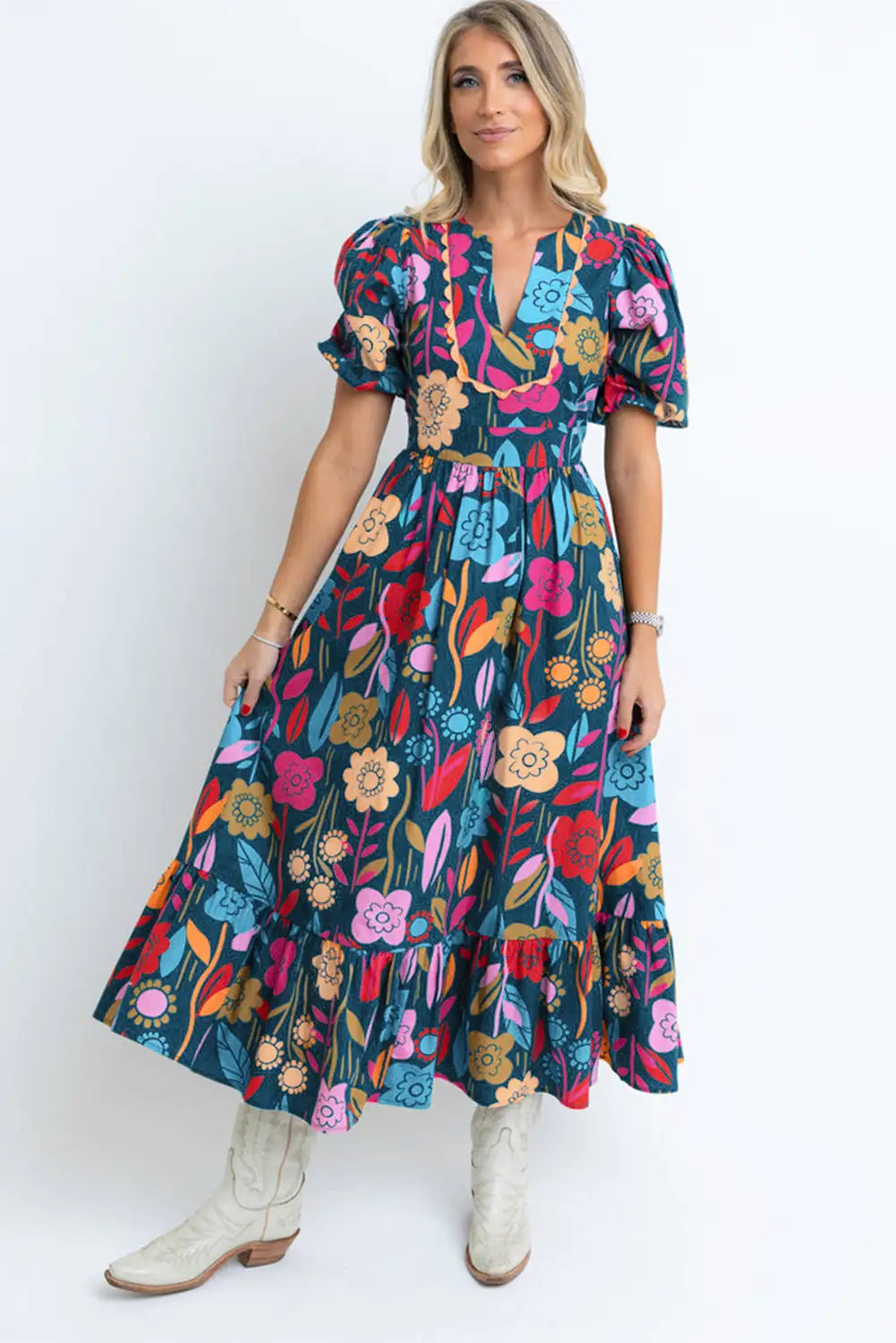 charming green retro floral maxi dress