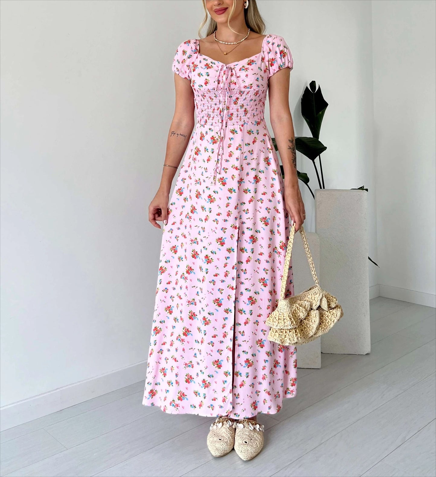 Floral Print Smocked Midi Dress
