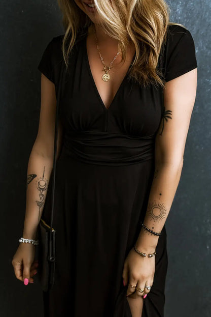 black shirred high waist v neck maxi dress
