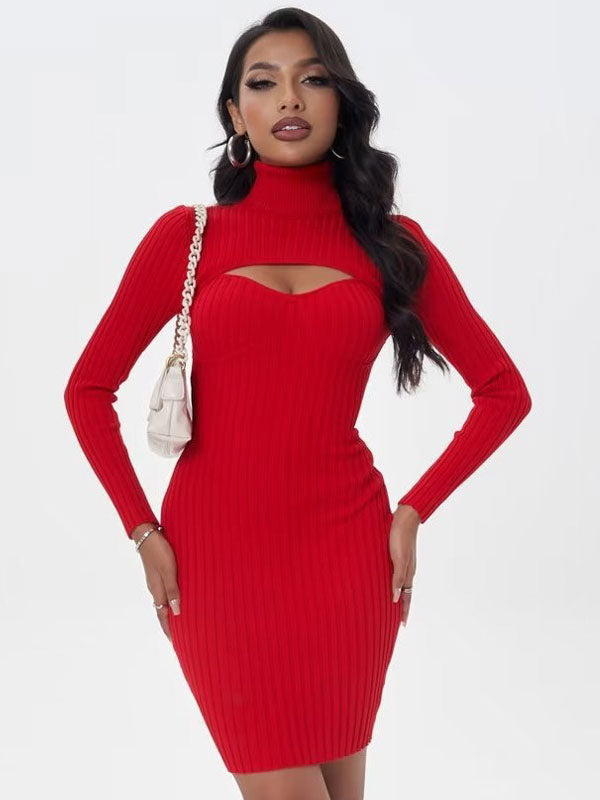 Sexy Sweater Dress Polo Neck Long Sleeves Cut Out Bodycon Mini Dresses