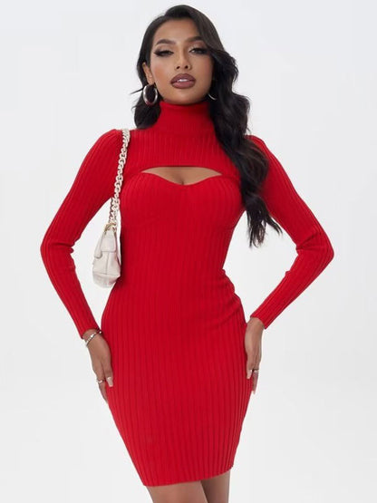Sexy Sweater Dress Polo Neck Long Sleeves Cut Out Bodycon Mini Dresses