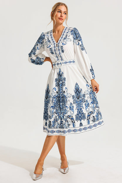 Paisley Single Breasted Long Sleeve Mini Dress With Belt