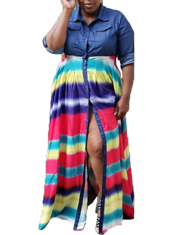 Long Sleeves Loose Buttoned Contrast Color Elasticity Printed Split-Joint Lapel Maxi Dresses