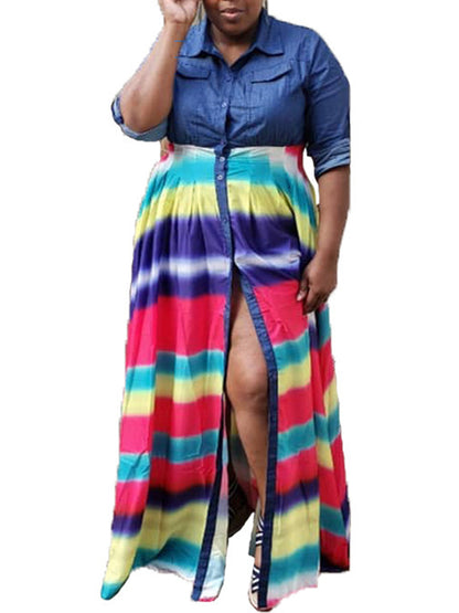 Long Sleeves Loose Buttoned Contrast Color Elasticity Printed Split-Joint Lapel Maxi Dresses