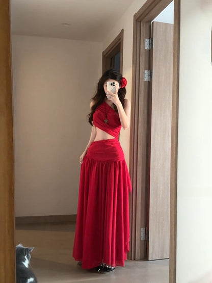 Red Flowy Maxi Dress – Stunning Open-Back Chiffon Vacation Dress