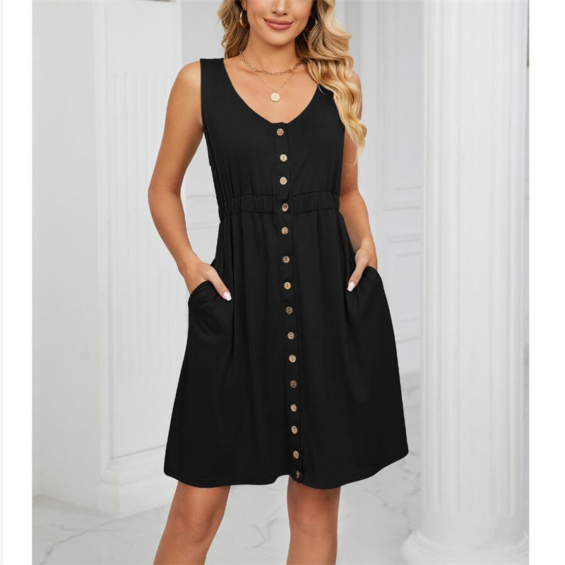 Solid Color Sleeveless Mini Dress with Button Details
