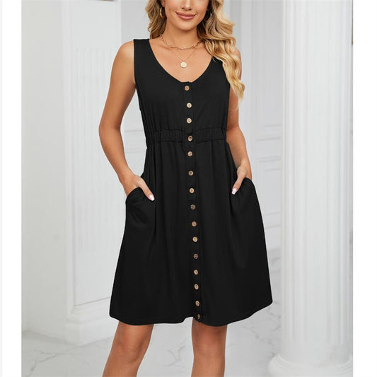 Solid Color Sleeveless Mini Dress with Button Details