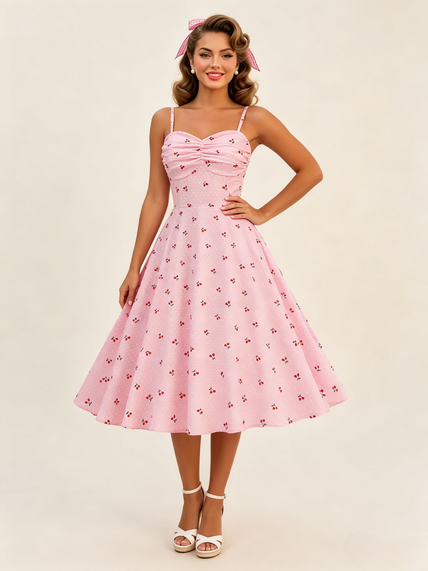 Pink Cherry Print Halter A Line Midi Dress For Women Sweet Summer