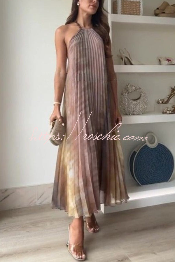 Tie-dye Printed Halter Neck Pleated Backless Midi Dress