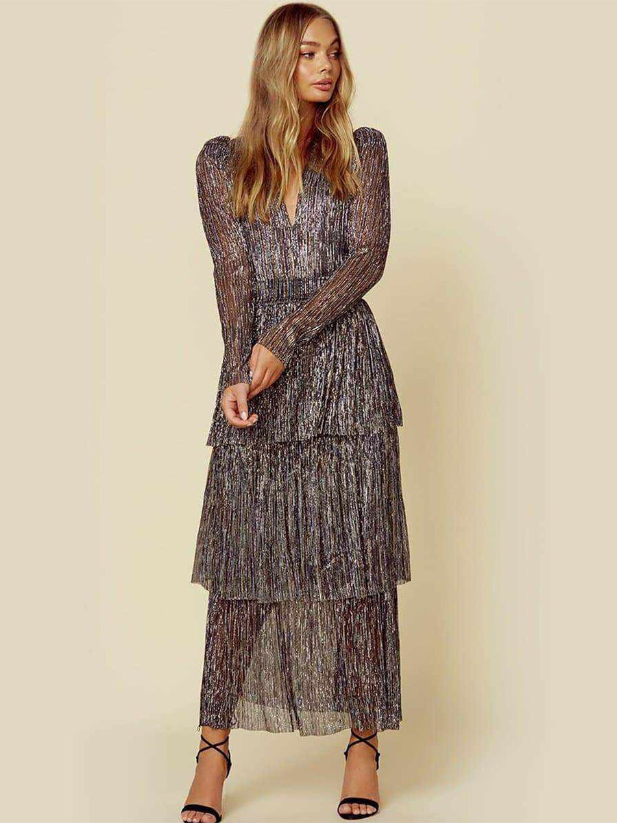 Tiered Maxi Dress Plunge Illusion Sleeves Strong Shoulder Prom Dresses
