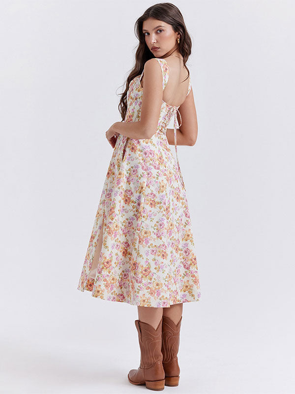 Floral Midi Dresses Backless Split Front U-Neck Sleeveless Lace-up Side Slit Chic Dress