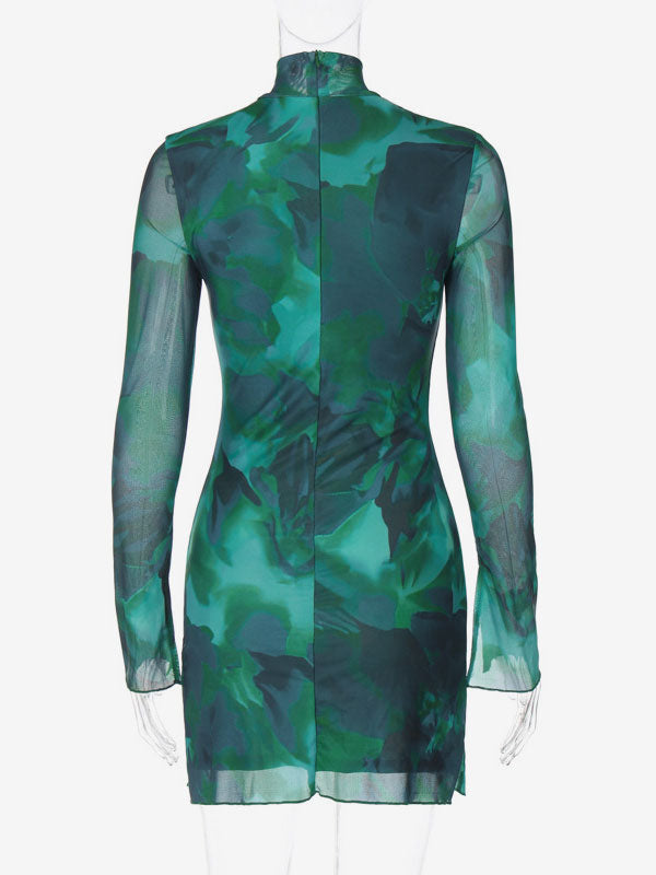 Tie-Dye Bodycon Dress Mock Neck Long Sleeves Slit Tulle Mini Dresses