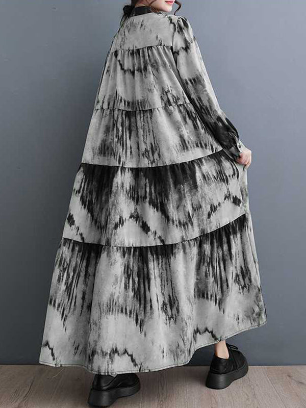 A-Line Long Sleeves Pleated Printed Split-Joint Stand Collar Midi Dresses