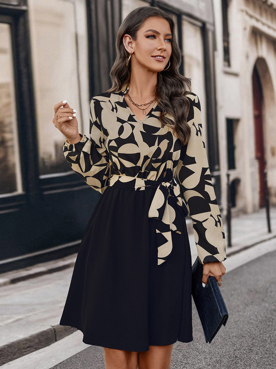 Flared Dresses V-Neck Long Sleeves V-Neck Belted Printed Mini Dress