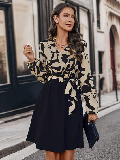 Flared Dresses V-Neck Long Sleeves V-Neck Belted Printed Mini Dress