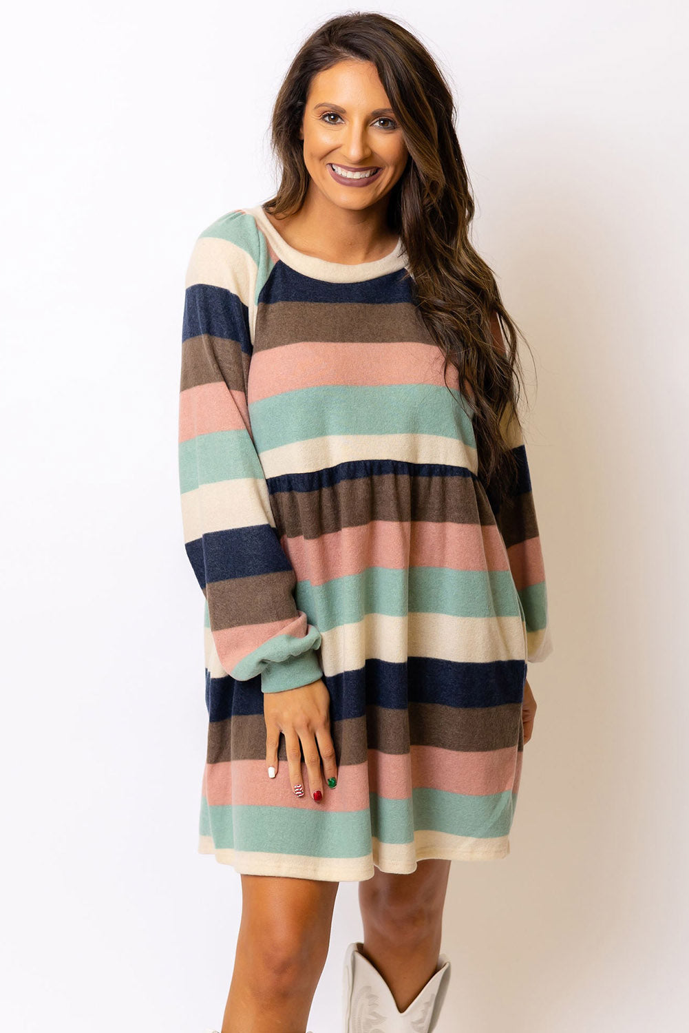 Multicolor Striped Color Block Long Sleeve Mini Dress
