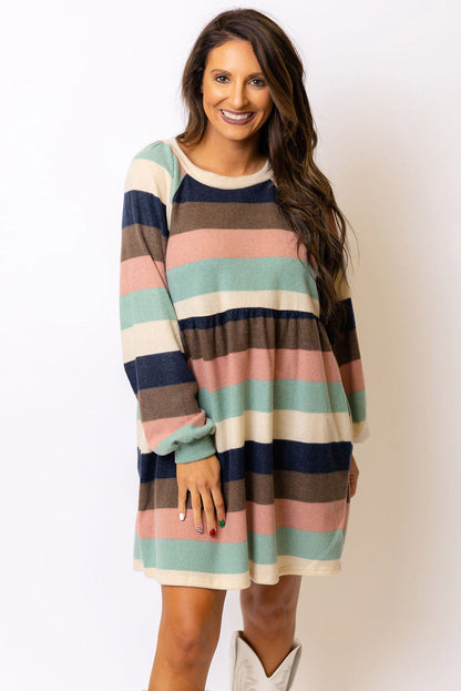 Multicolor Striped Color Block Long Sleeve Mini Dress
