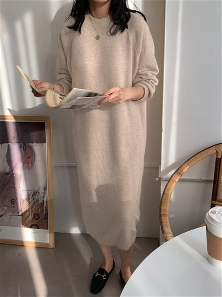 Crew Neck Raglan Sleeve Rib Knit Side Slit Midi Sweater Dress