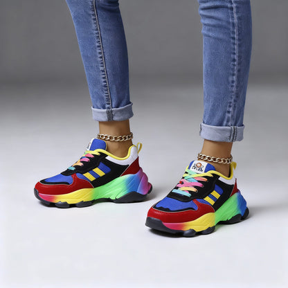 Women's Orthopedic Rainbow Lace-Up Sneakers – Colorful Comfort Chunky Trainers