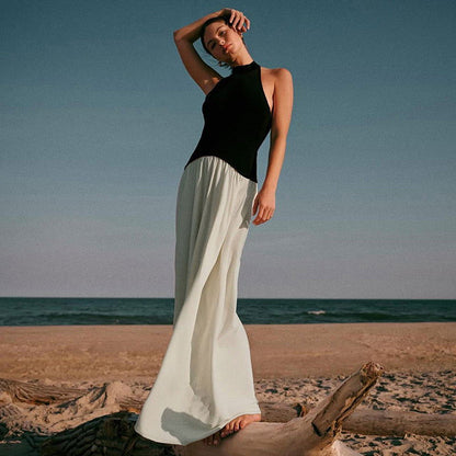 Fall Loose Backless Stitching Pleated Slim Mop Dress