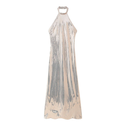 Fall Sequ Hanging Collar Flared Sleeveless Slim Maxi Dress