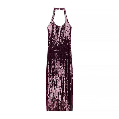 Fall Simple Thin Slim Fit Halter Sequ Dress